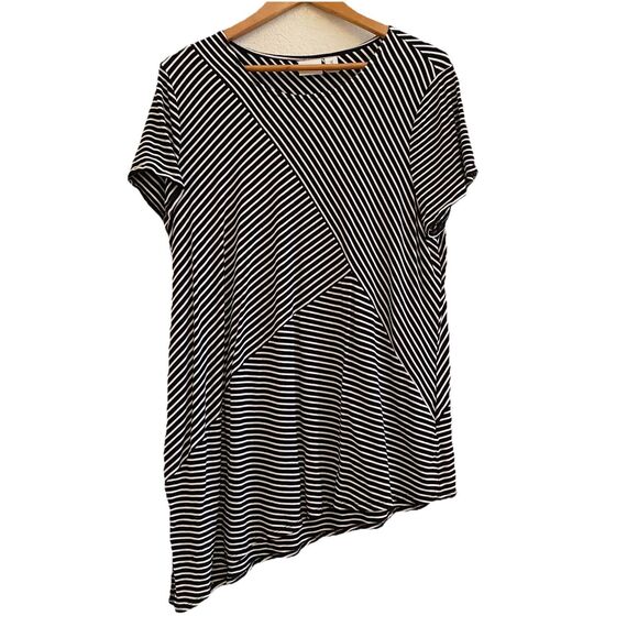 Chicos Weekends Top Womens 3 Black White Stripe‎ Tunic T-Shirt Asymmetrical Knit - Picture 1 of 11